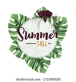 Summer sale design template. Tropical exotic plants monstera leaves and tacca flower.