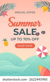 Summer sale design with tropical beach. Vector illustration template.