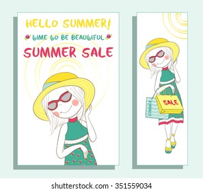 Summer sale design. Two banners collection. One of a set - seasonal banners. Can be used for flyers, banners or posters. Vector illustration with cute girl.