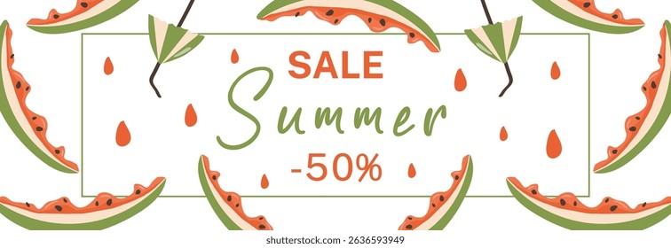 Summer Sale design with Watermelon slices and drops of fruit juice. A horizontal Banner for an advertising campaign, an invitation to watermelon day. Vector illustration template.