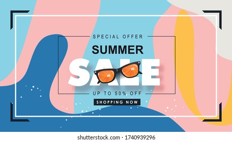 Summer sale design with wave background layout banners .Orange sunglasses concept.voucher discount.Vector illustration template.