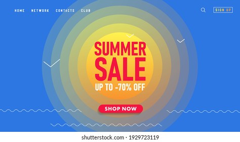 Summer sale digital poster or banner for a landing page with sun on blue background, seaside landscape stylized graphic
