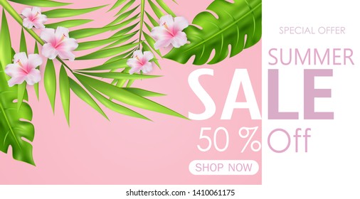 Summer sale discount at 50% with tropical leaves and flowers