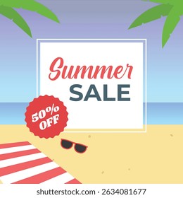 Summer sale discount ad with beach, umbrella, and sunglasses icon.