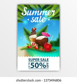 Summer sale, discount banner with beautiful lettering, coconut cocktail, strawberry, raspberry, cherry and ice cream on palm leaf