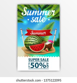 Summer sale, discount banner with beautiful lettering, watermelon, coconut cocktail in coconut, sign with the inscription "summer"