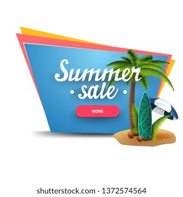 Summer sale, discount banner with a button, palm, coconuts, beach umbrella and surf Board