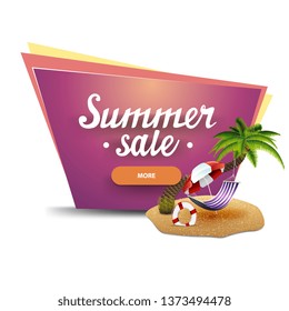 Summer sale, discount banner with a button,palm tree, hammock and beach umbrella