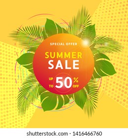 Summer sale, discount banner design template with palm leaves on abstract yellow background with texture pattern. Design can be used for for summer promotion, poster, voucher, advertising, online sale