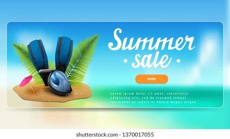 Summer sale, discount banner with lettering, button, sea landscape, diving mask, fins and palm leaves