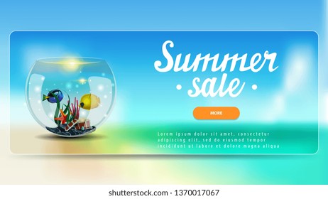 Summer sale, discount banner with lettering, button, sea landscape and round aquarium with fish