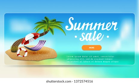 Summer sale, discount banner with lettering, button, palm tree, hammock and beach umbrella