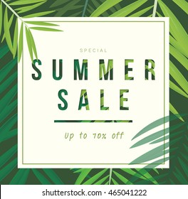 Summer sale discount banner poster, coconut palm leaf, vector illustration