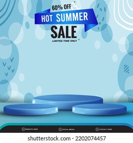 summer sale discount banner social media template post with blank space 3d podium for product with abstract blue gradient background design