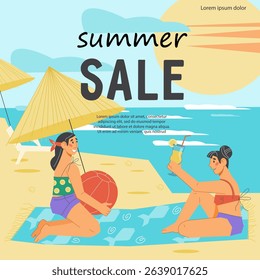 Summer sale and discount banner for vacation travel offers and seasonal sales, flat vector illustration. Banner or poster design with woman on sea beach.