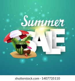 Summer sale, discount banner for your creativity with capital letters and watermelon in glasses under a beach umbrella