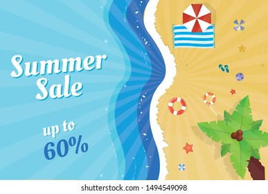Summer sale discount - beach vector illustration with sea water and sand, palm tree, towels, flip flops and umbrellas. Clearance ad promotion banner for web or print.