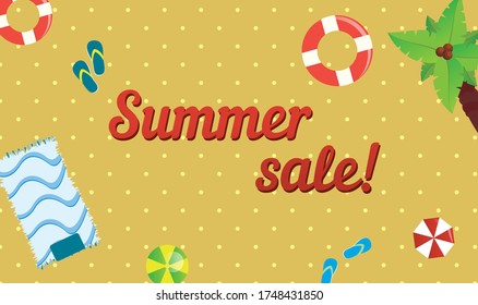 Sommerrabatt - Strandvektorgrafik mit Palmen, Handtuch, Flip Flops und Regenschirmen. Werbebanner für den Web oder Print für die kommende Sommersaison.