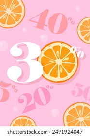 Summer sale discount card with interest and oranges on pink background. Vector illustration.