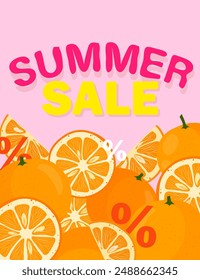 Summer sale discount card with oranges on background. Vector illustration.