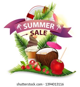 Summer sale, discount clickable web banner in the form of ribbons with coconut cocktail, strawberry, raspberry, cherry and ice cream on palm leaf