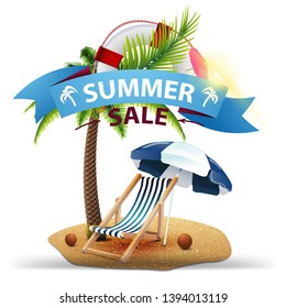 Summer sale, discount clickable web banner in the form of ribbons with palm tree, beach chair and beach umbrella