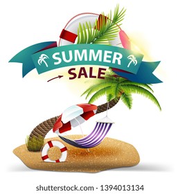 Summer sale, discount clickable web banner in the form of ribbons with palm tree, hammock and beach umbrella