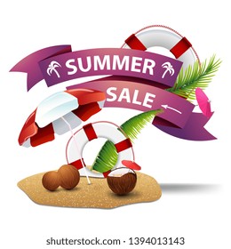 Summer sale, discount clickable web banner in the form of ribbons with coconut cocktail, beach umbrella and lifeline