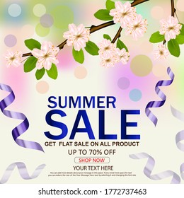 Summer sale discount design with beautiful background and branch of flowers. Season vocation, weekend, holiday logo. Happy shiny Day. Modern vector Lettering.
