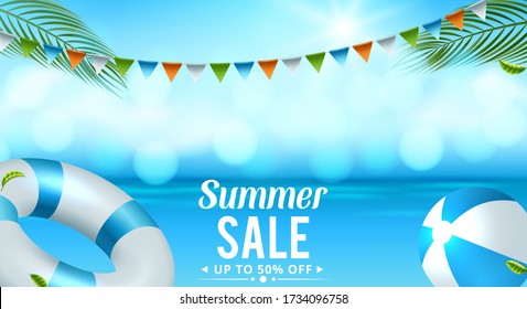 Summer sale discount End of season banner on location beautiful beach background. vector illustration