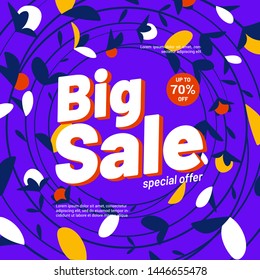 Summer Sale Discount flowers vector banner. Special up to 70% off. Tropical floral poster. Flat design. Square template for banner, flyer, Sale promotion, ad, blog, marketing.2. Eps 8