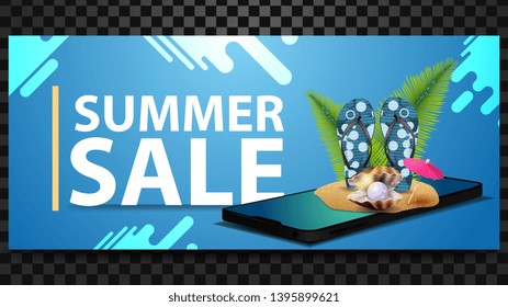 Summer sale, discount horizontal banner with a smartphone, which got out of flip flops, pearl and palm leaves