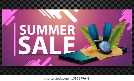 Summer sale, discount horizontal banner with a smartphone, which got out of diving mask, fins and palm leaves