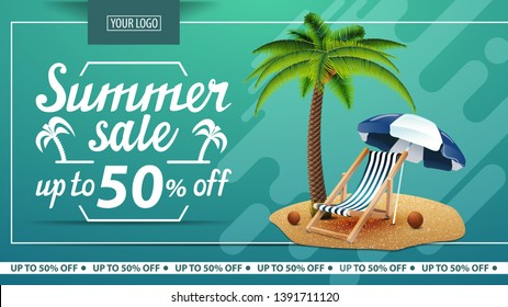 Summer sale, discount horizontal web banner for online store with palm tree, beach chair and beach umbrella