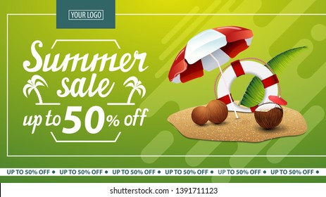 Summer sale, discount horizontal web banner for online store with coconut cocktail, beach umbrella and lifeline