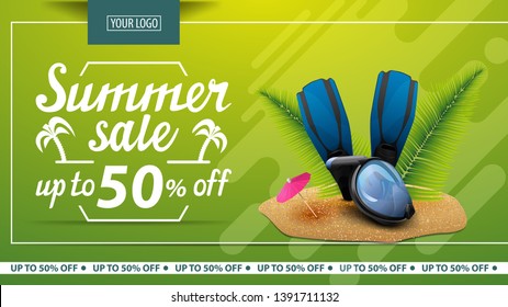 Summer sale, discount horizontal web banner for online store with diving mask, fins and palm leaves