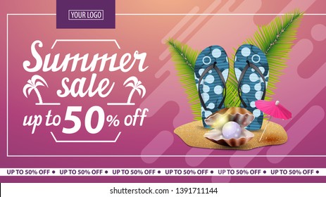 Summer sale, discount horizontal web banner for online store with flip flops, pearl and palm leaves