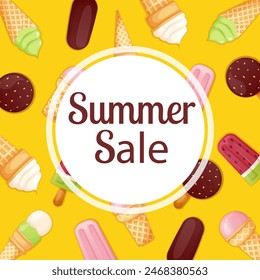 Summer sale, discount, offer poster, banner with ice cream. 