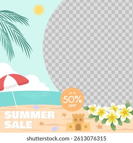 Summer sale discount offer template with ad image placement in beach theme. Vector illustration summer offer advertisement for social media and shopping event promotions.