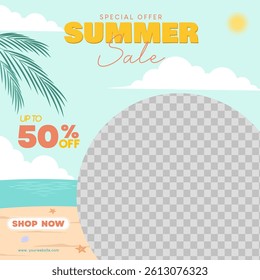 Summer sale discount offer template with ad image placement in beach theme. Vector illustration summer offer advertisement for social media and shopping event promotions.