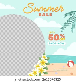 Summer sale discount offer template with ad image placement in beach theme. Vector illustration summer offer advertisement for social media and shopping event promotions.