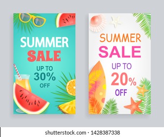 Summer sale discount offer vector posters with palm leaves and fruits. Watermelon and surfing board, cocktail and starfish. Sunglasses and orange, summertime banners