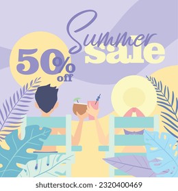 Summer sale discount poster with a couple relaxing at beach Vector illustration
