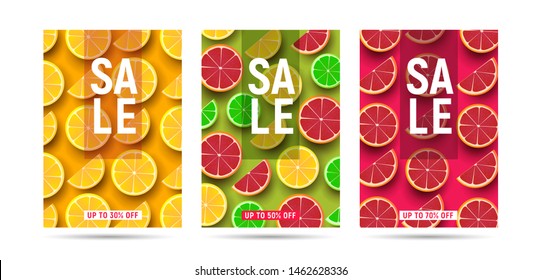 Summer sale discount posters with sliced citrus pieces paterns and big typography