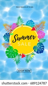 Summer sale discount promo poster or banner for seasonal shopping 50 percent discount of pal leaf, summer fruit and berry on water background. Vector promo flyer design template for shop sale.