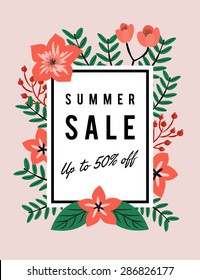 SUMMER SALE DISCOUNT PROMOTION BANNER TEMPLATE WITH COPY SPACE, FLOWER, LEAVES ON BACKGROUND. Use as greeting card, Invitation, background. Vector layered illustration