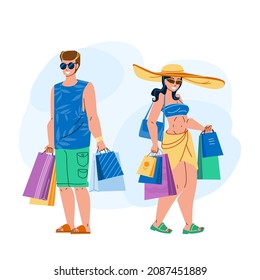 Summer Sale Discount Shopping Customers Vector. Stylish Man And Woman Making Purchases In Clothes Store Seasonal Summer Sale. Characters Shopaholic Couple Flat Cartoon Illustration