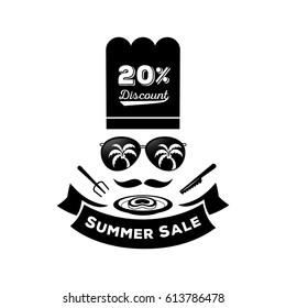 summer sale discount with sunglasses,cook hat and steak illustration