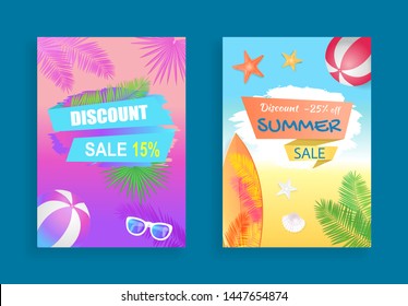 Summer sale discount, vector banner, curved ribbons. Beach ball and surfboard, sun glasses, starfish and seashell, palm leaves print, seashore theme