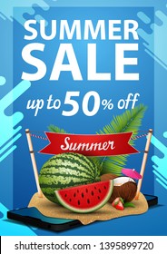 Summer sale, discount vertical banner with a smartphone, which got out of watermelon, coconut cocktail in coconut, sign with the inscription "summer"